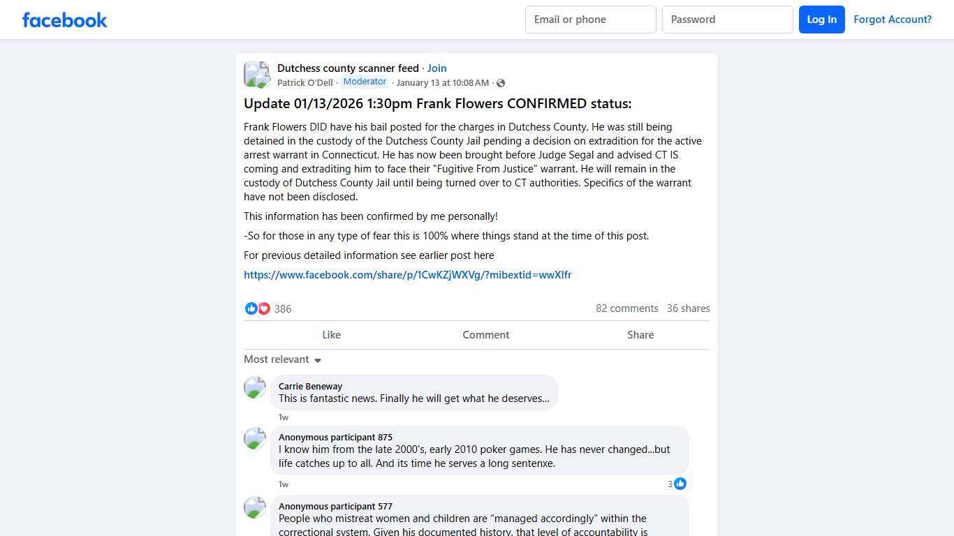 Dutchess county scanner feed Update 01/13/2026 1:30pm Frank Flowers CONFIRMED status: Facebook